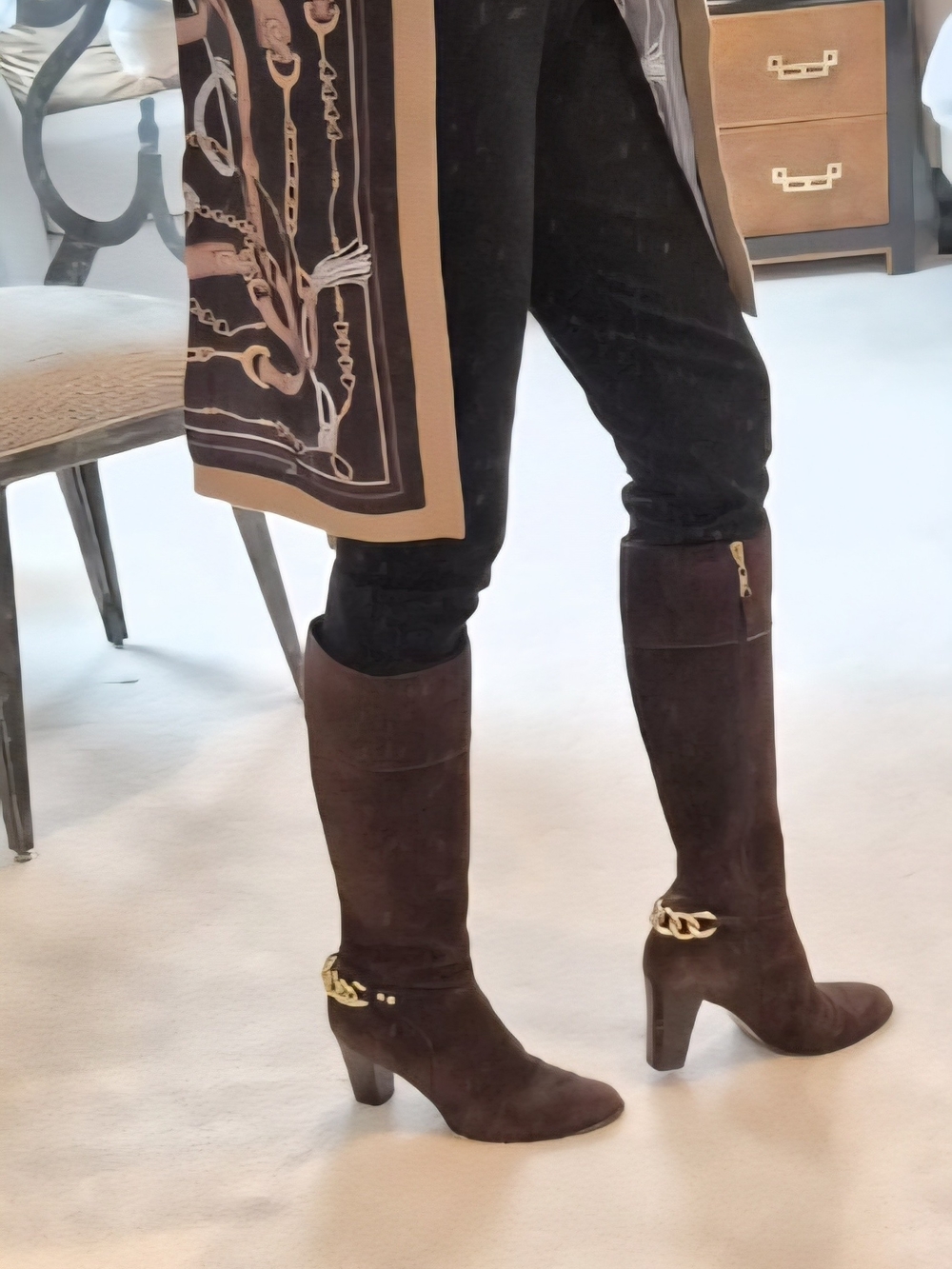 Tahari Fabian Brown Suede Leather Gold Chain Knee High Boots 7.5M
